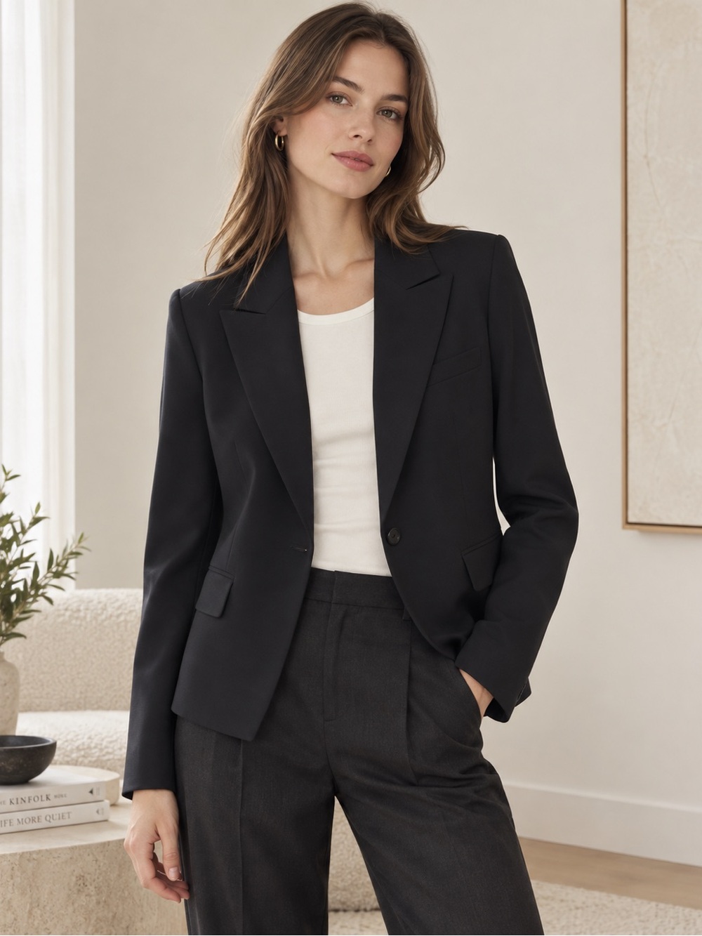 Theory Black Wool Single-Button Tailored Slim Stretch Blazer